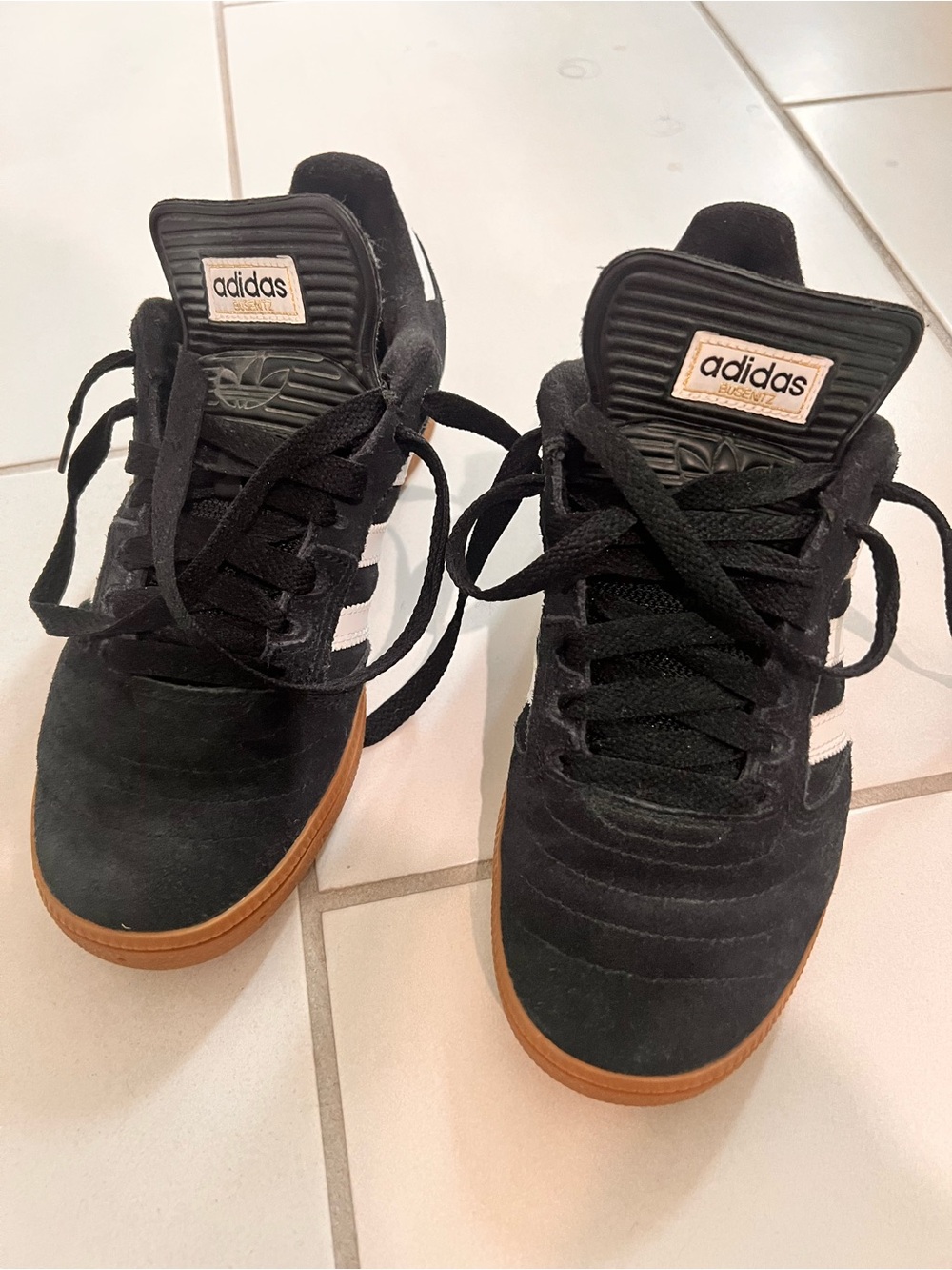 adidas Black Suede Sneakers with White Stripes and Gum Sole